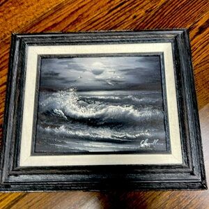 Beautiful monochromatic sea scape signed oil on canvas in stained wood frame